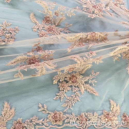 Oranye Berat Pekerjaan Tangan Beaded Embroidery Lace Fabric